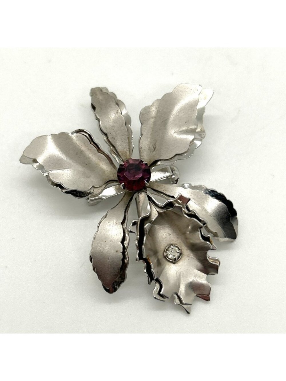 Orchid Flower Pin Purple Amethyst Rhinestone Silver Tone Textured Ruffled Vintag